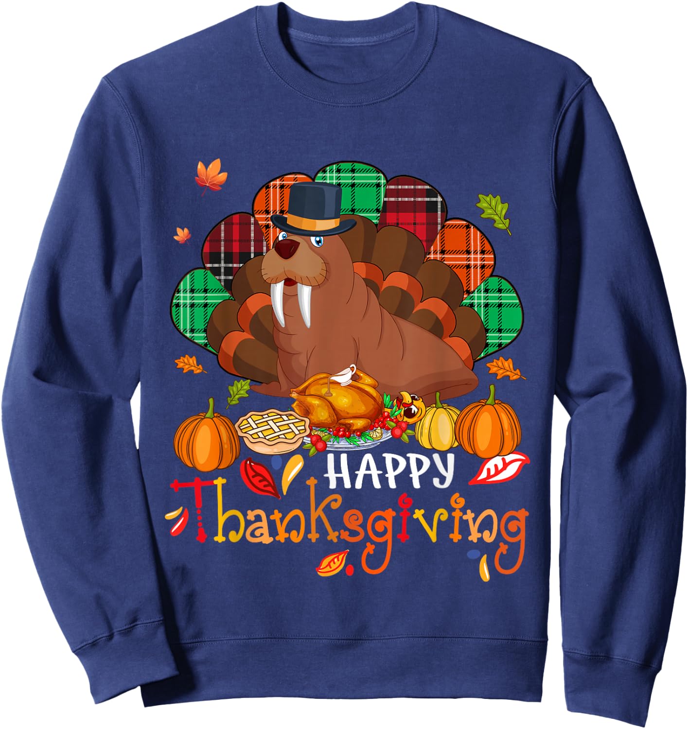 Happy Thanksgiving Cute Walrus Cosplay Turkey With Dinner Sweatshirt - Sweatshirt | Navy