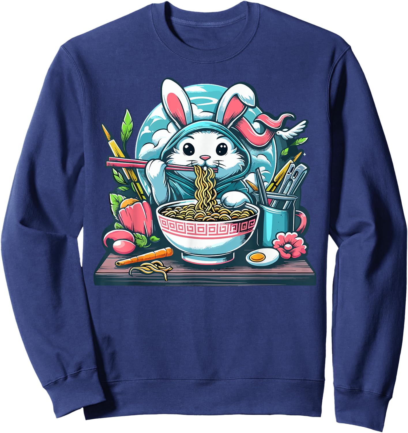Easter Bunny Anime Eating Ramen Noodles Kawaii Rabbit Sweatshirt - Sweatshirt | Navy
