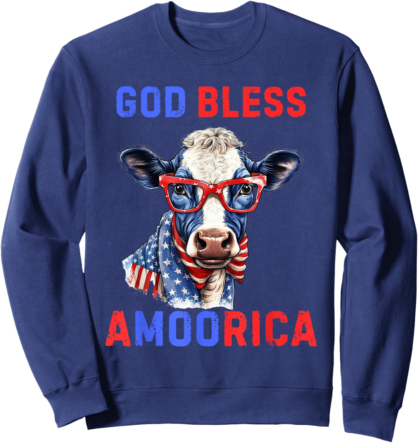 God Bless A Moo Rica Funny 4th of July USA Patriotic Cow Kids Men Sweatshirt - Sweatshirt | Navy