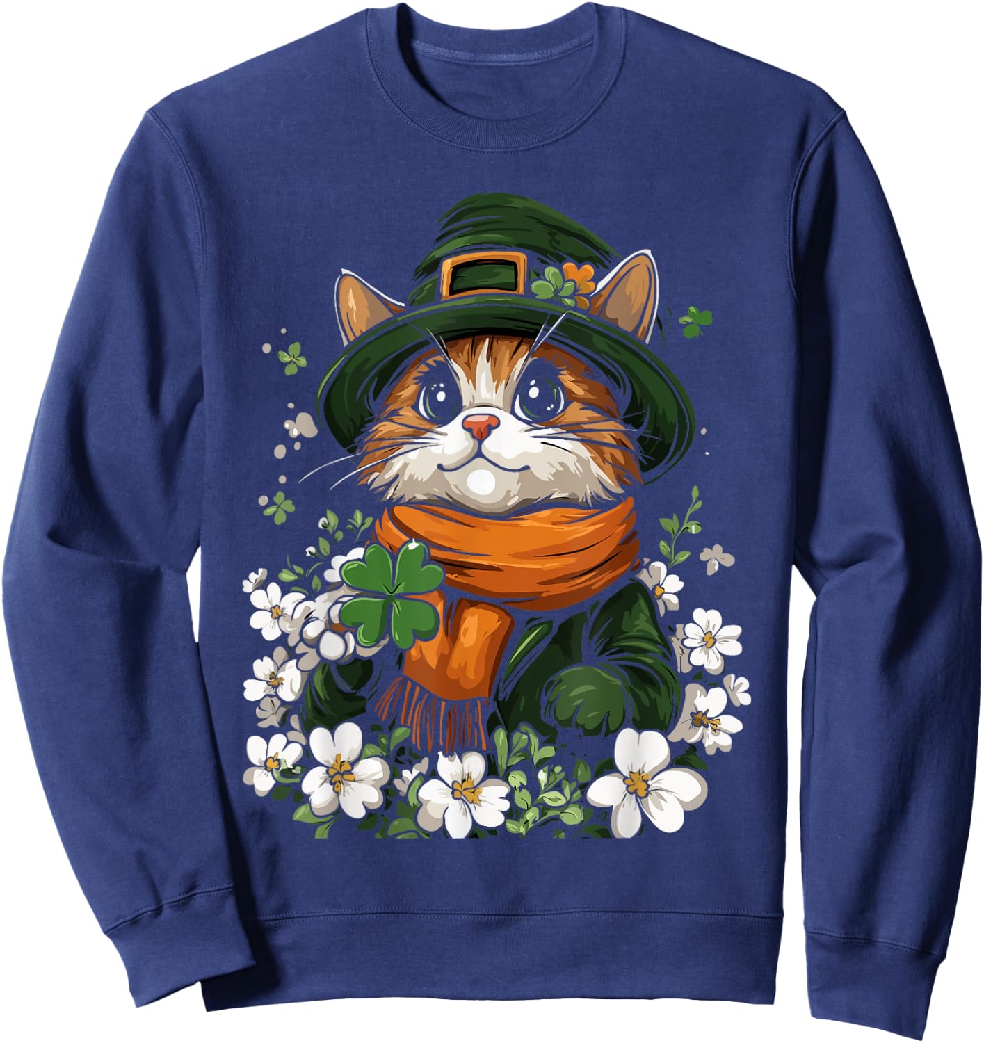 Leprechaun Cat Shamrock Girls Boys Kids St Patricks Day Cat Sweatshirt - Sweatshirt | Navy