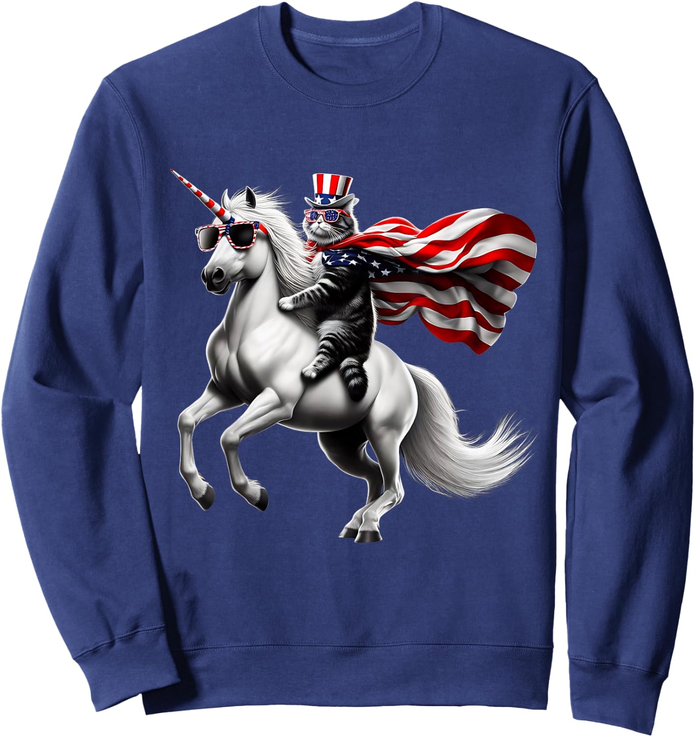 Cat riding Unicorn usa flag Patriotic 4th of July Sweatshirt - Sweatshirt | Navy