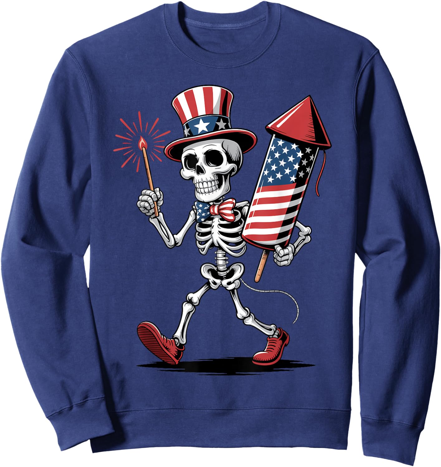 Happy 4th Of July Skeleton Holding Fireworks American Flag Sweatshirt - Sweatshirt | Navy