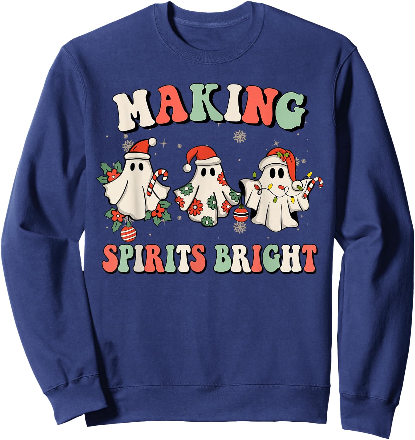 Retro Groovy Christmas Ghost Making Spirits Bright Pajamas Sweatshirt - Sweatshirt | Navy