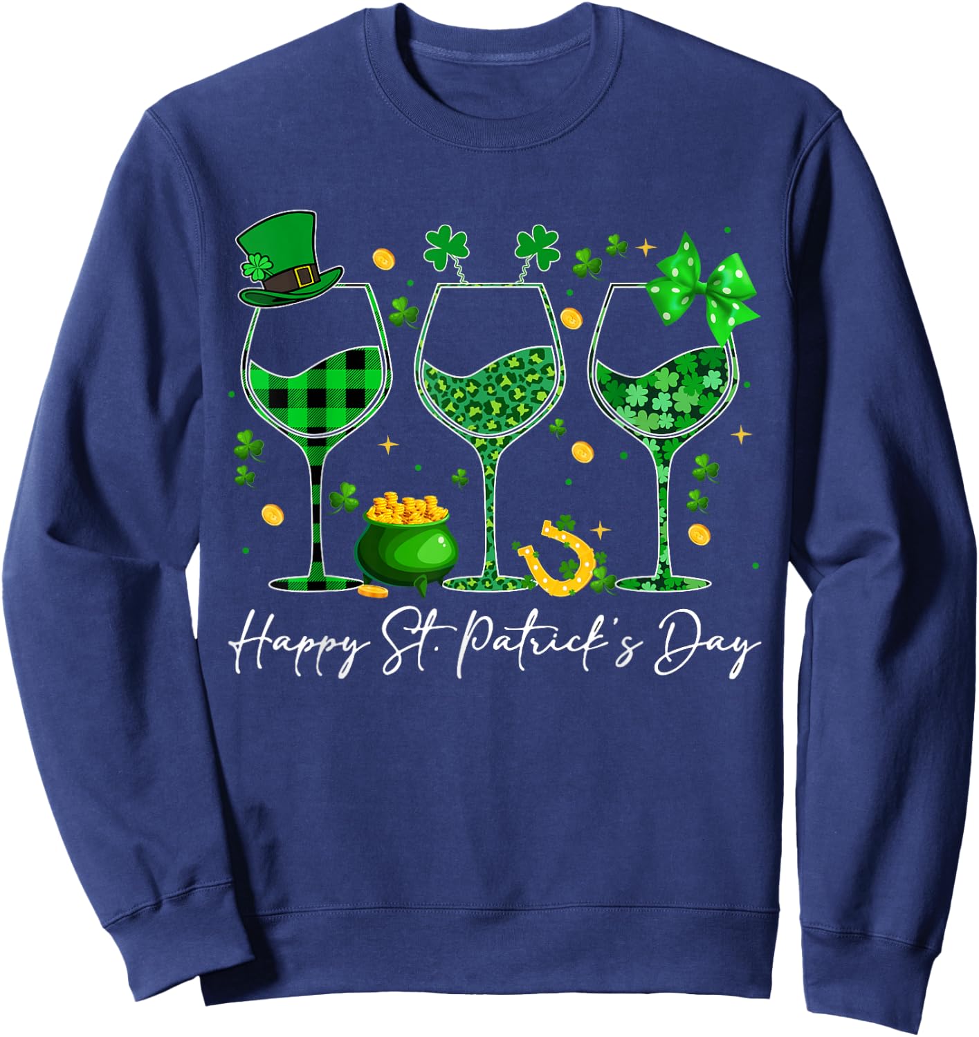 Wine St Patricks Day Leopard Green Shamrock Wine Glasses Sweatshirt - Sweatshirt | Navy