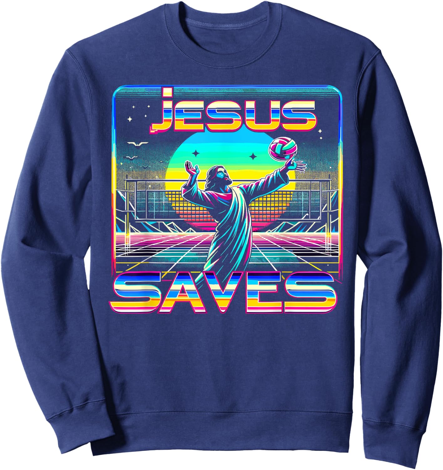 80s Vaporwave Jesus Saves Volleyball Sweatshirt - Sweatshirt | Navy
