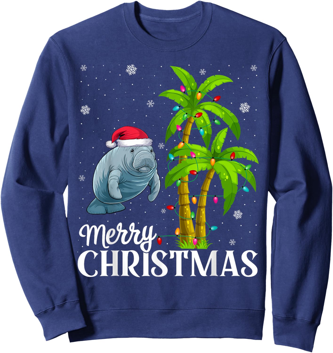 Manatee Lovers Men Women Christmas Tree Lights Beach Sweatshirt - Sweatshirt | Navy