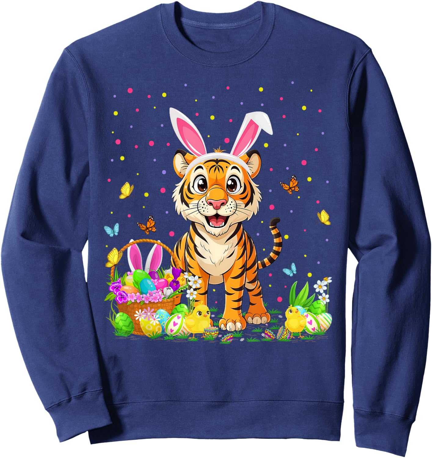 Tiger Easter Egg Hunt Bunny Ear Tiger Happy Easter Sweatshirt - Sweatshirt | Navy