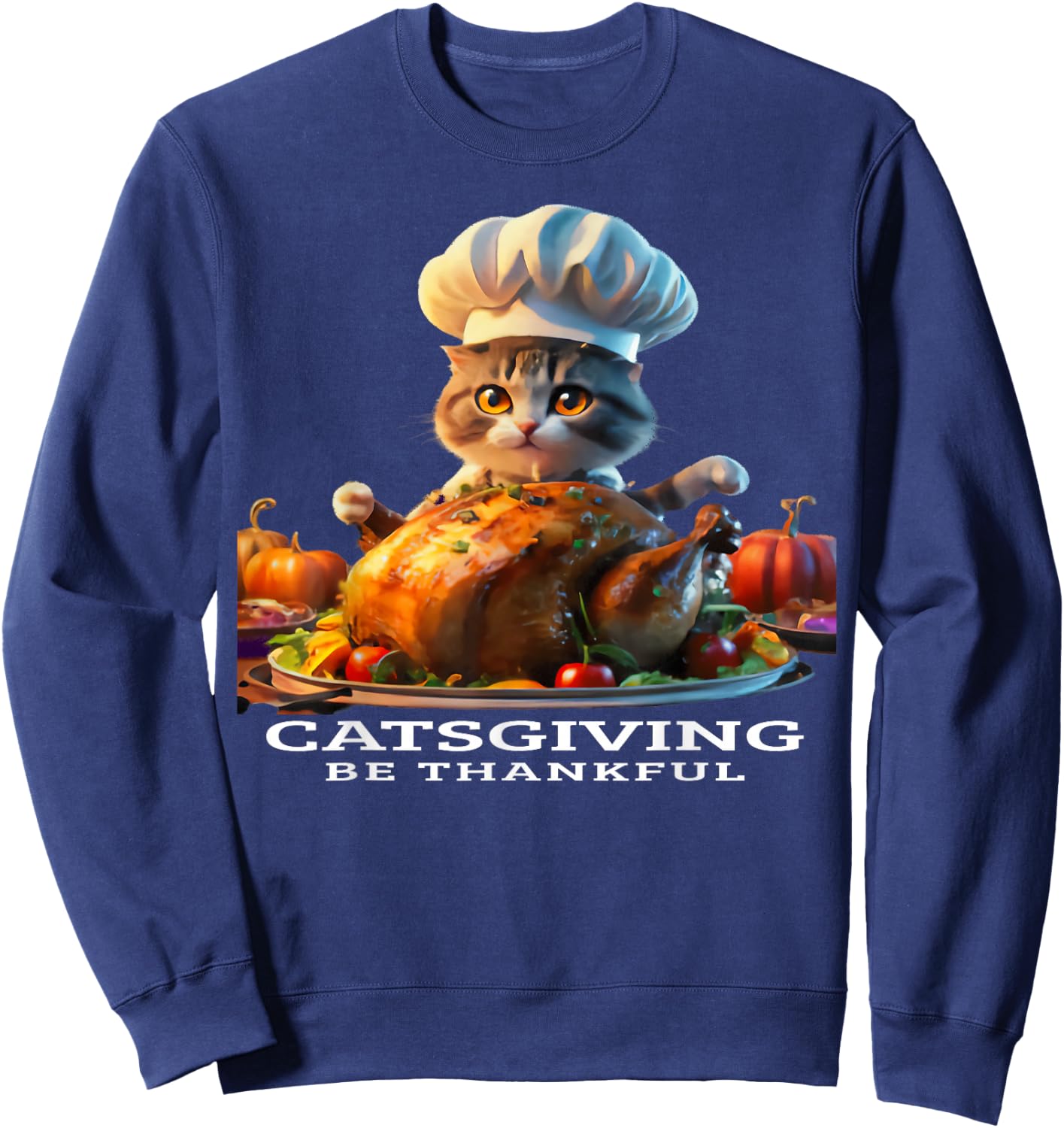 Catsgiving, Be Thankful, Cat Chef Serving Thanksgiving Sweatshirt - Sweatshirt | Navy