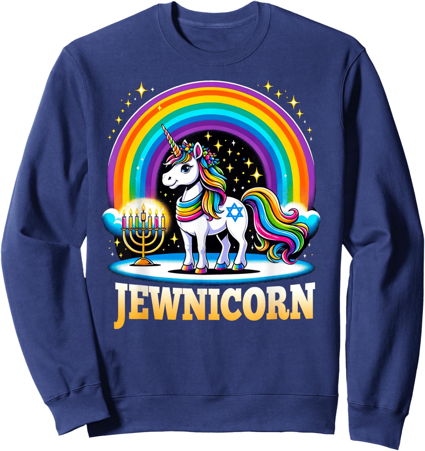 Jewnicorn Jewish Pride Unicorn Menorah Rainbow Sweatshirt - Sweatshirt | Navy