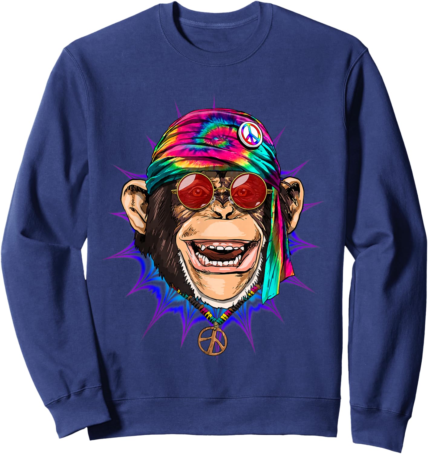 Tie Dye Hippie Monkey Hippiness Peace Love Monkey Sweatshirt - Sweatshirt | Navy