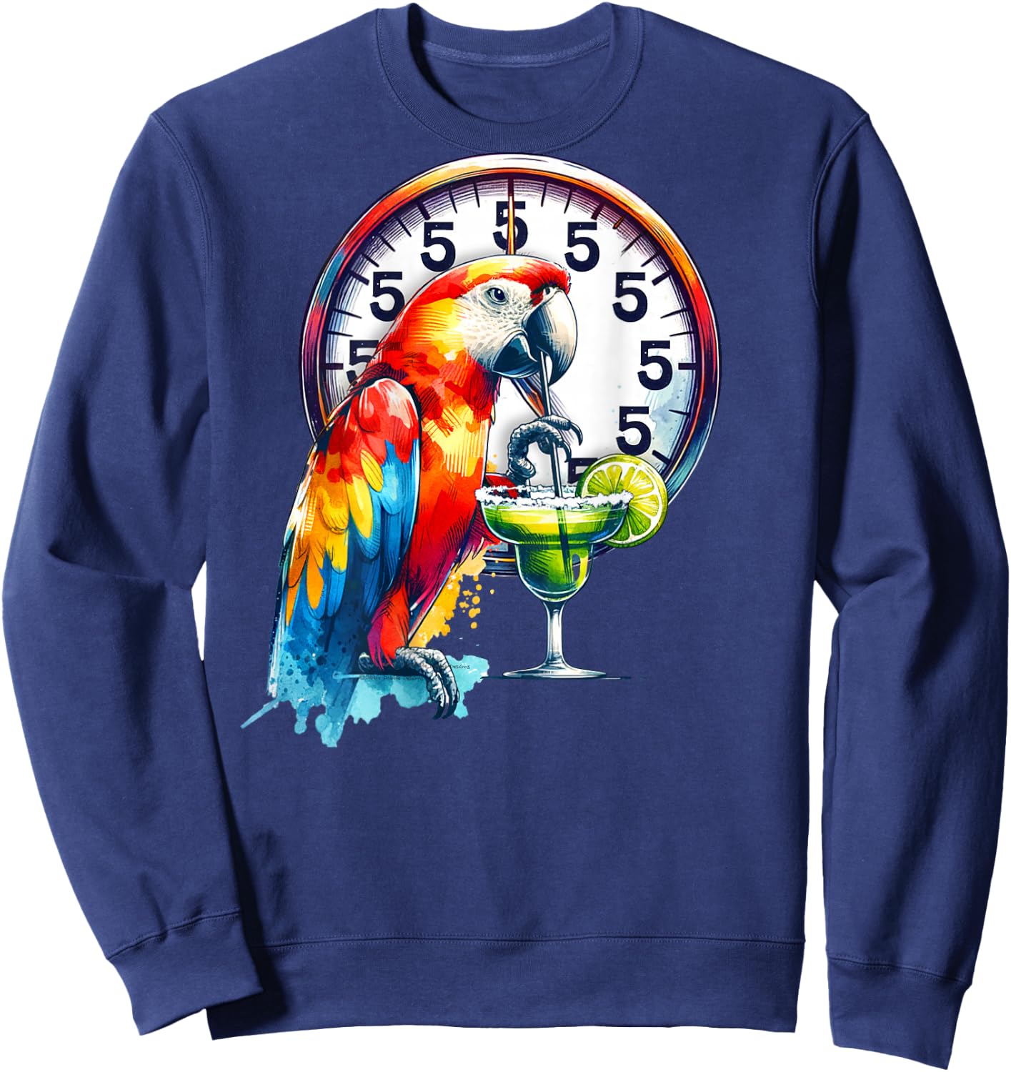On Back Always 5 O'clock Colorful Parrot Drinking Margarita Sweatshirt - Sweatshirt | Navy