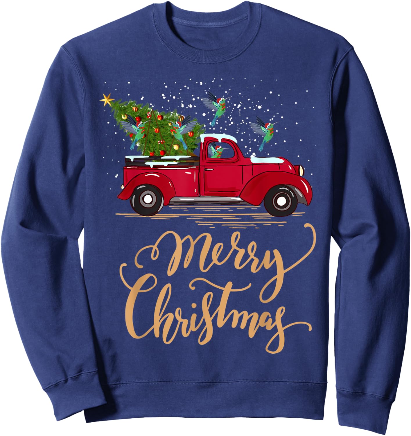 Hummingbird Driving Christmas Tree Truck Hummingbird Xmas Sweatshirt - Sweatshirt | Navy