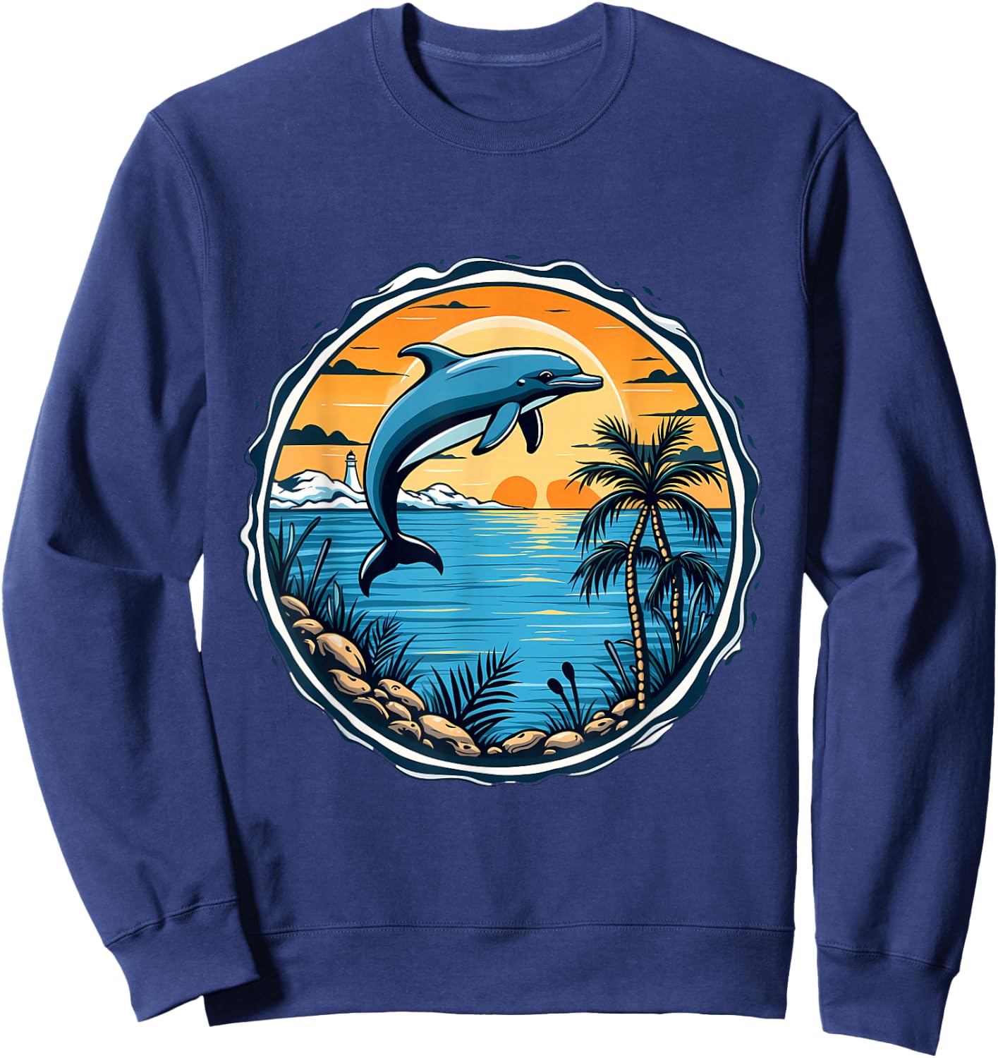 Dolphin Sunset Scene Ocean Tropical Beach Vibes , Black, S Sweatshirt - Sweatshirt | Navy