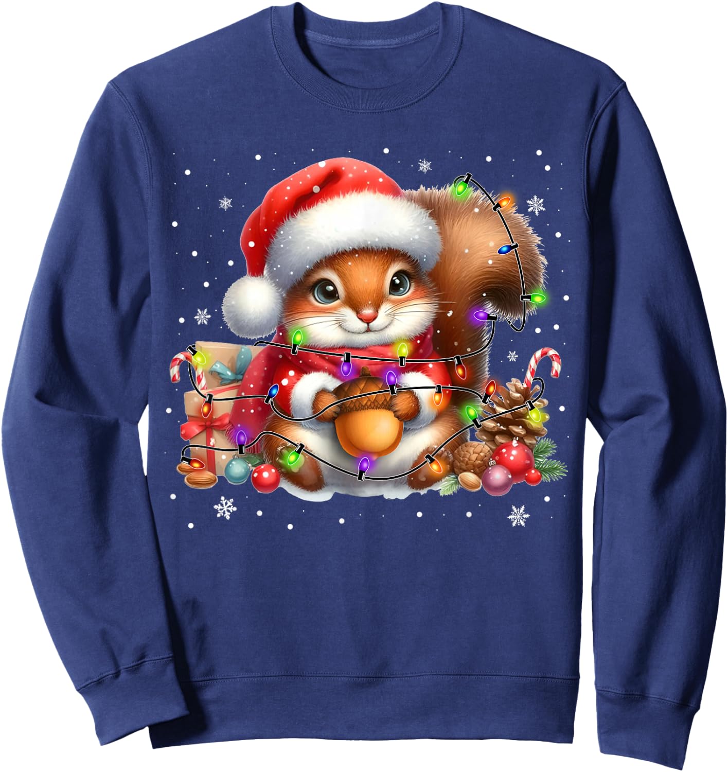 Cute Santa Squirrel in Christmas Lights Squirrels Lover Xmas Sweatshirt - Sweatshirt | Navy
