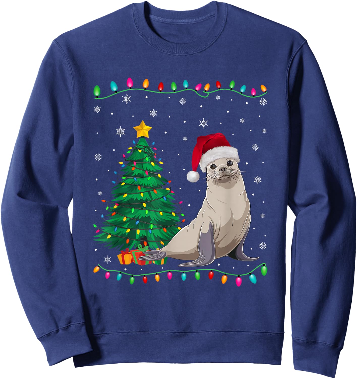 Seal Santa Hat Men Women Kids Christmas Tree Lights Sweatshirt - Sweatshirt | Navy