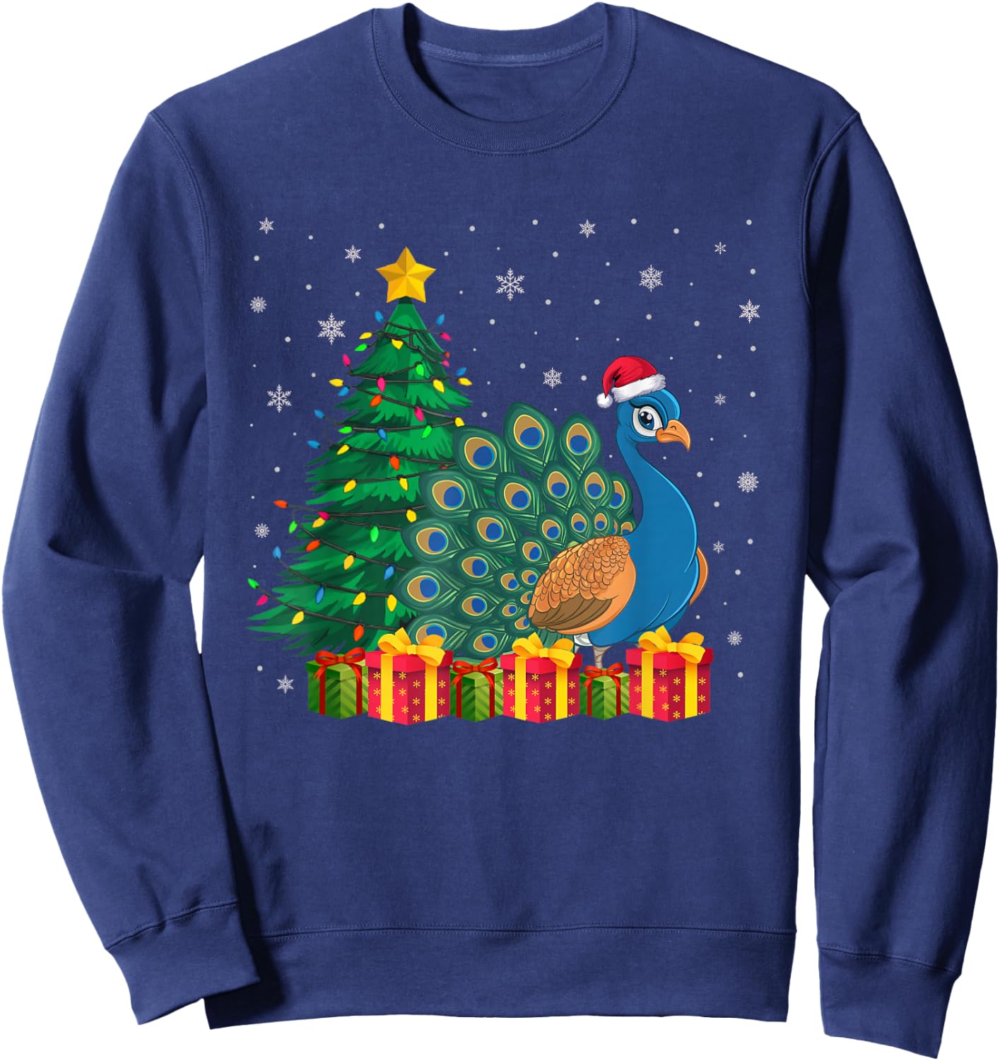Ugly Peacock Santa Hat Christmas Tree Lights Pajama Sweatshirt - Sweatshirt | Navy