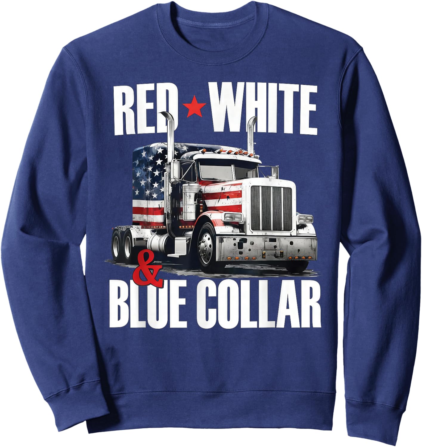 Red White and Blue Collar Patriotic Trucker USA Flag Sweatshirt - Sweatshirt | Navy