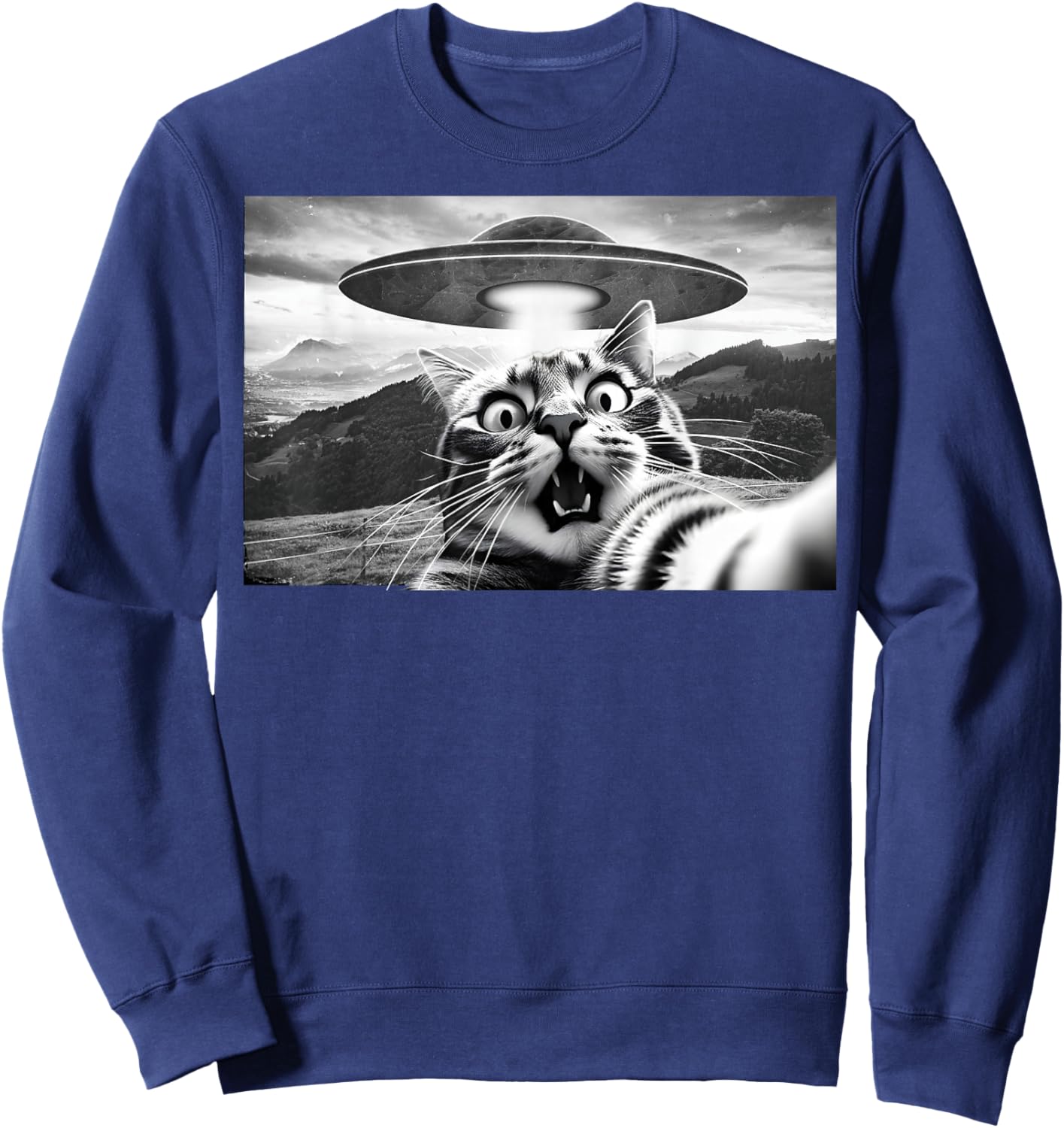 Cat Selfie with UFO Alien Funny Surprised Cat Scared Selfie , Black, S Sweatshirt - Sweatshirt | Navy