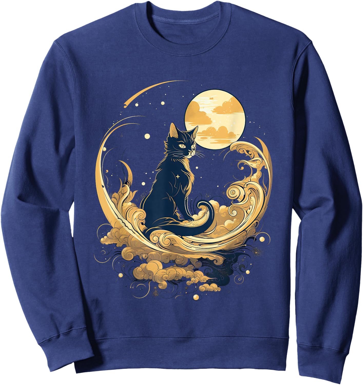 Cat in Front of Moon and Stars Goth Pastel Kawaii Sweatshirt - Sweatshirt | Navy