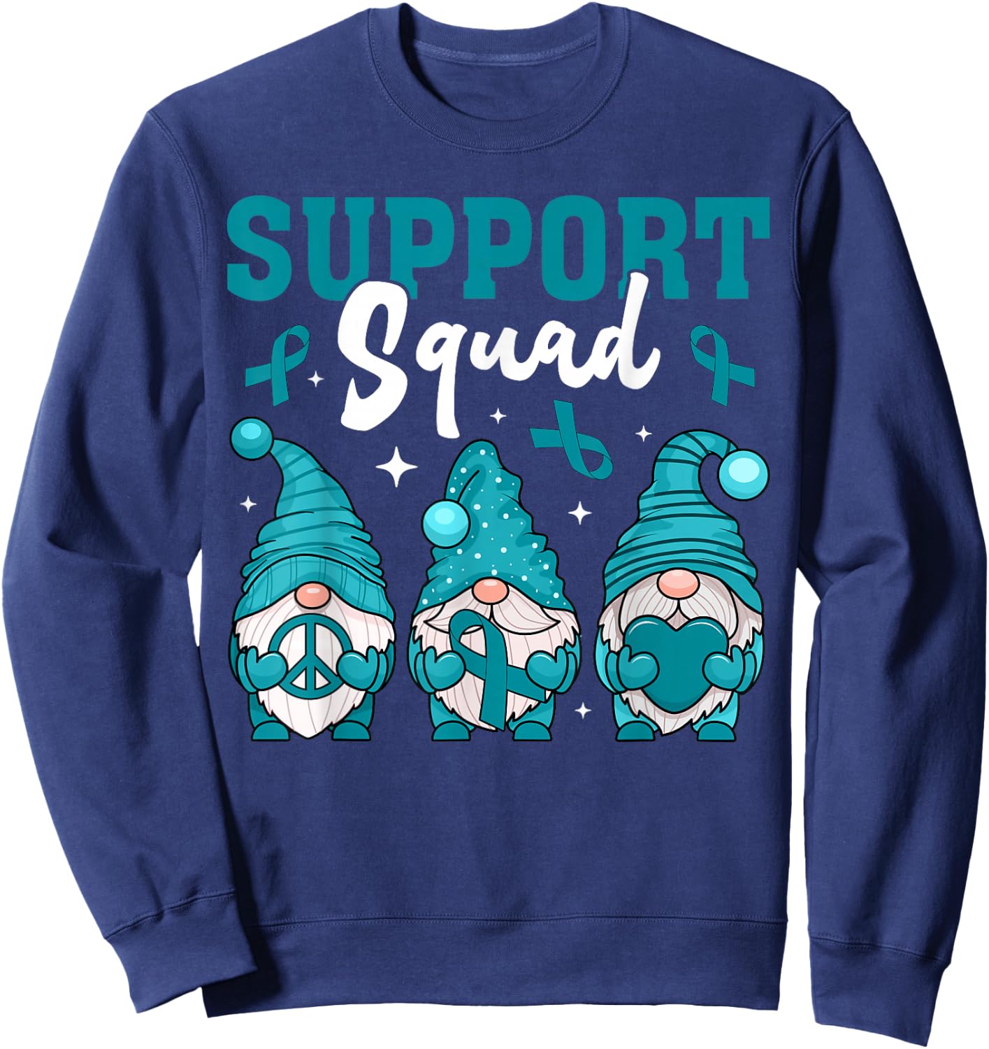 Support Squad Ovarian Cancer Awareness Gnomes & Teal Ribbon Sweatshirt - Sweatshirt | Navy