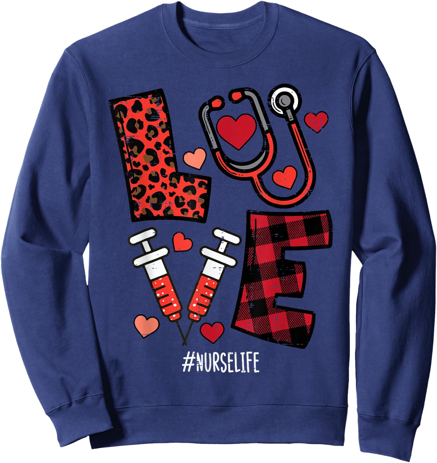 Valentines Day Leopard Plaid Nurse Nursing Scrub Top Women Sweatshirt - Sweatshirt | Navy