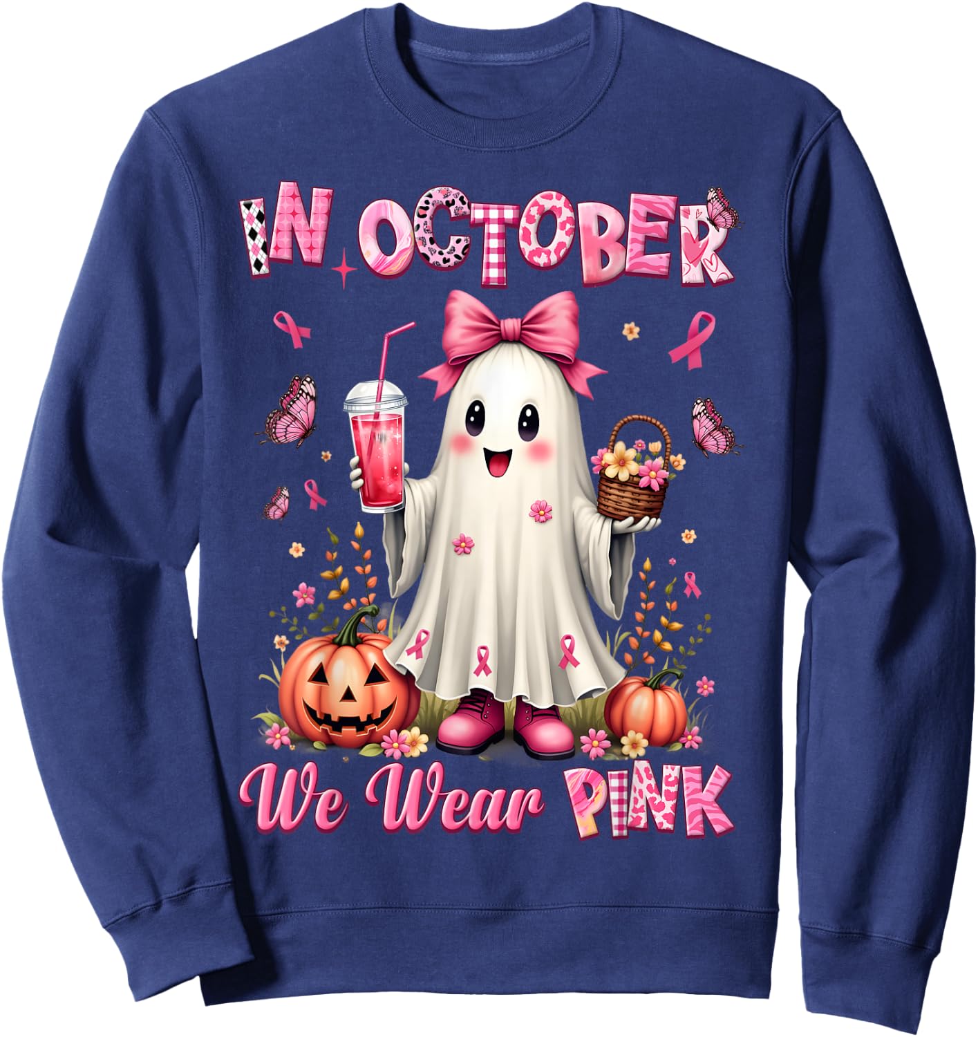In October We Wear Pink Ghost Breast Cancer Awareness Sweatshirt - Sweatshirt | Navy