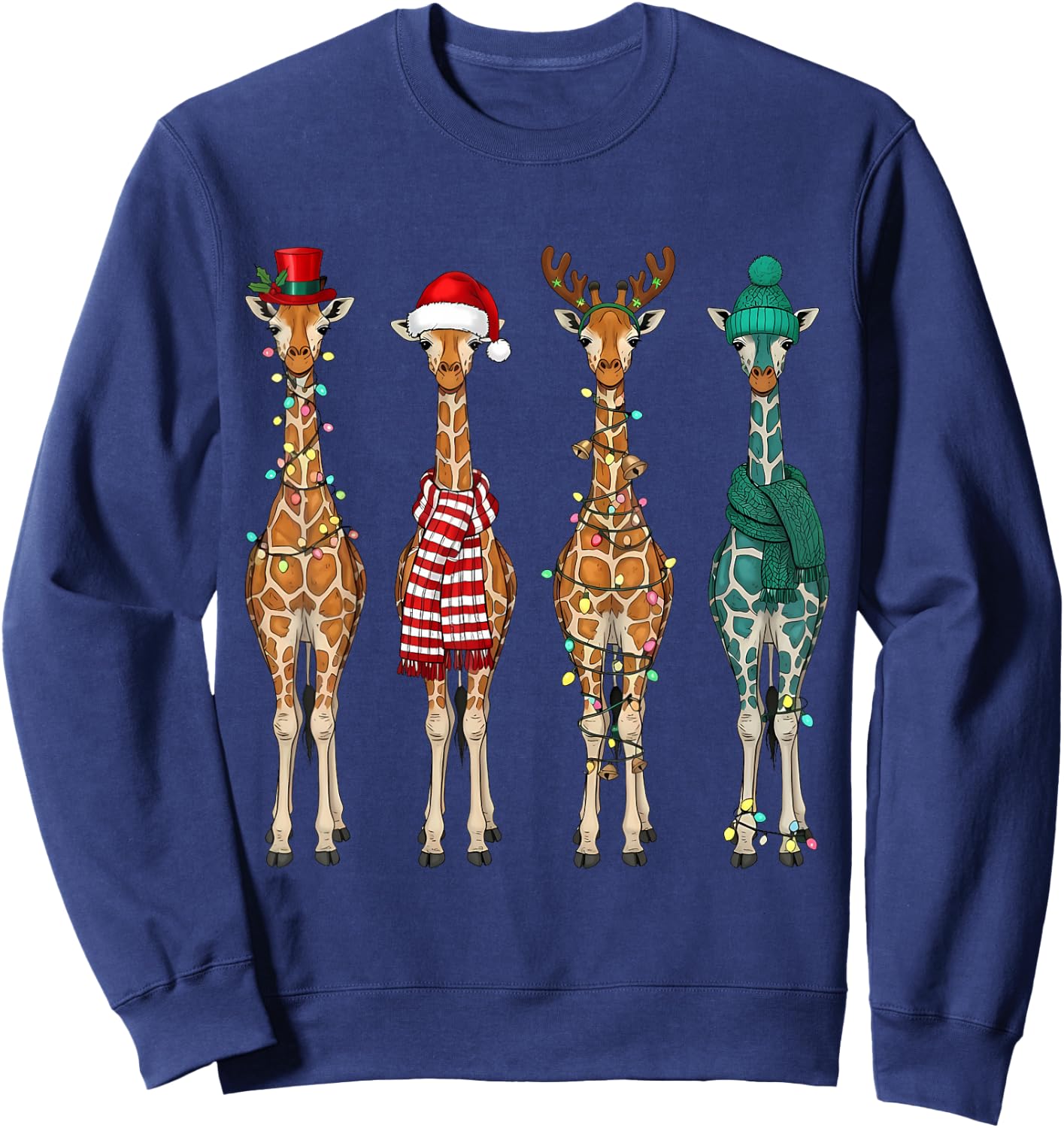 Cute Christmas Giraffe Santa Hat Xmas Lights Holiday Animal Sweatshirt - Sweatshirt | Navy