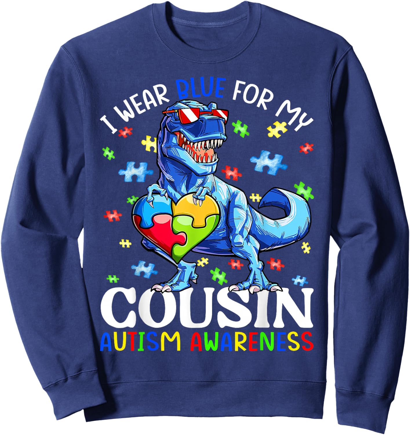 I Wear Blue For My Cousin Autism Awareness Dinosaur Boys Sweatshirt - Sweatshirt | Navy