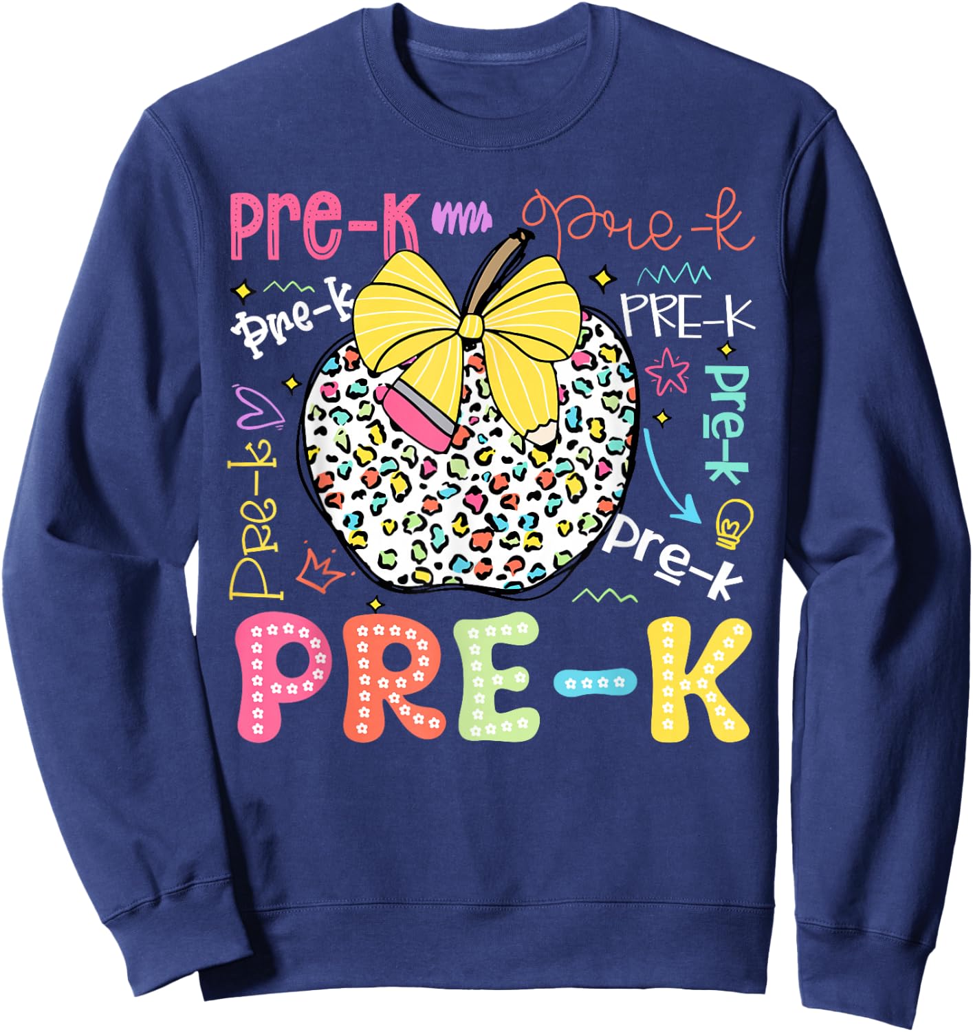 Pre-K Typography First Day Back To School Leopard Apple Sweatshirt - Sweatshirt | Navy