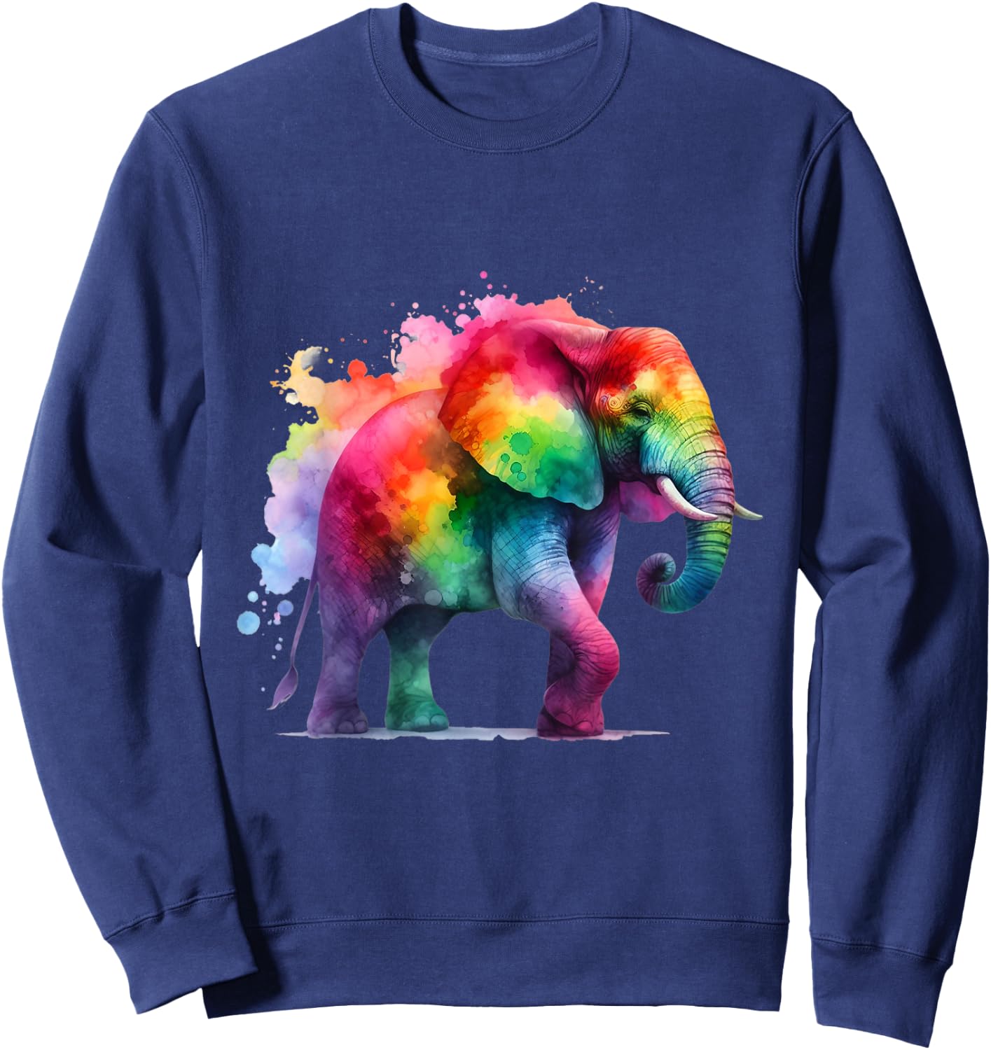 Elephant Art - Rainbow Watercolor Animal with Paint Splashes Sweatshirt - Sweatshirt | Navy