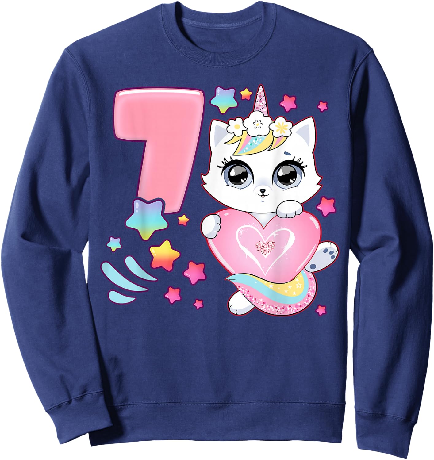 Geburtstag Mädchen 7 Jahre, Katze, Einhorn, 7. Geburtstag Sweatshirt - Sweatshirt | Navy