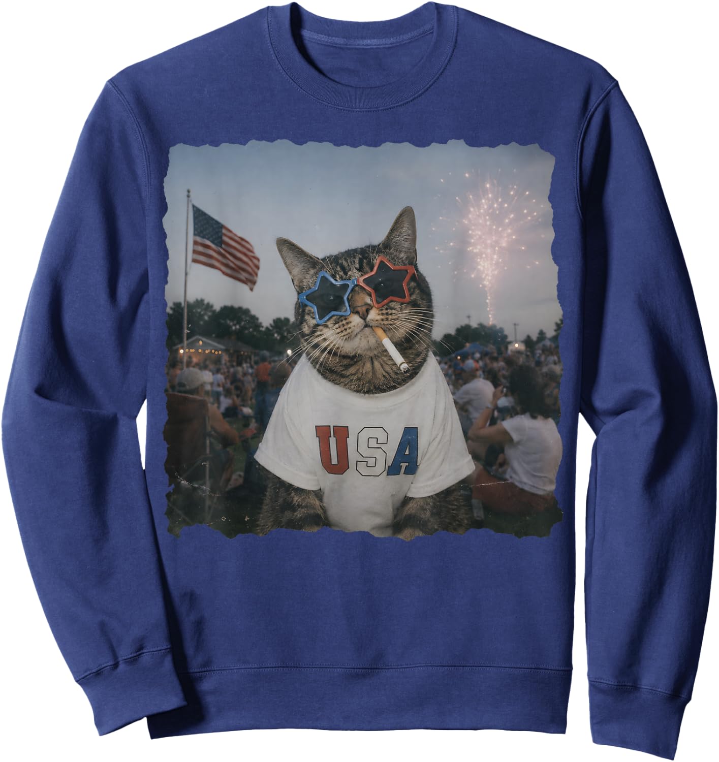 Patriotic Cat Smoking Sunglasses Meme Funny 4th of July Sweatshirt - Sweatshirt | Navy