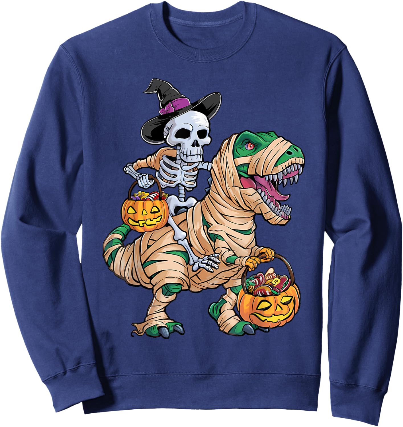 Skeleton Riding Mummy Dinosaur T rex Halloween Funny Kid Boy Sweatshirt - Sweatshirt | Navy