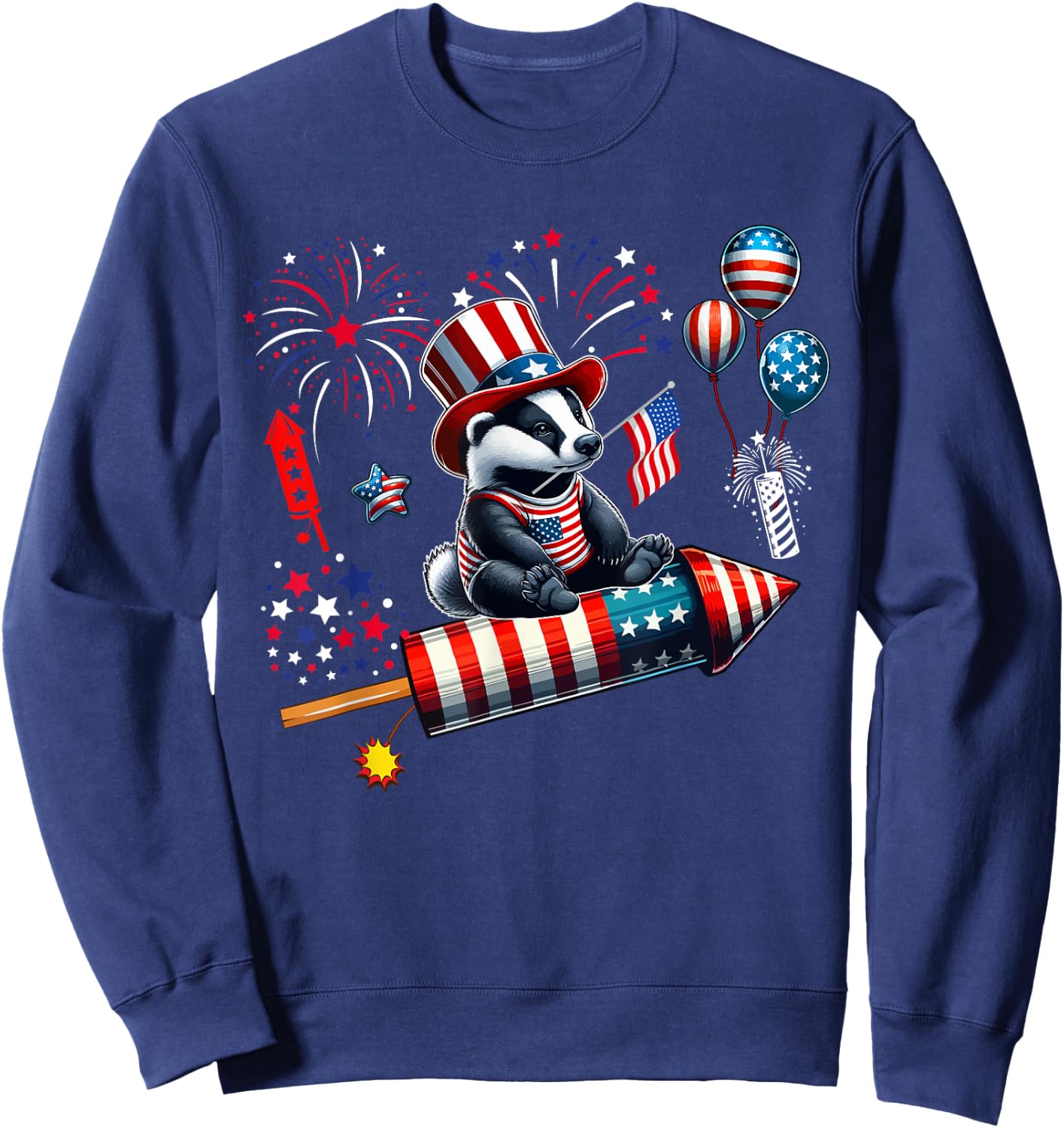 Badger Riding Firecracker US Flag 4th Of July Fireworks Sweatshirt - Sweatshirt | Navy