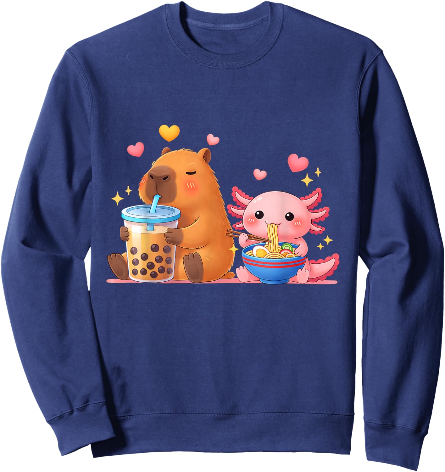 Cute Capybara Drink Boba Tea and Axolotl Eat Ramen Noodles Sweatshirt - Sweatshirt | Navy