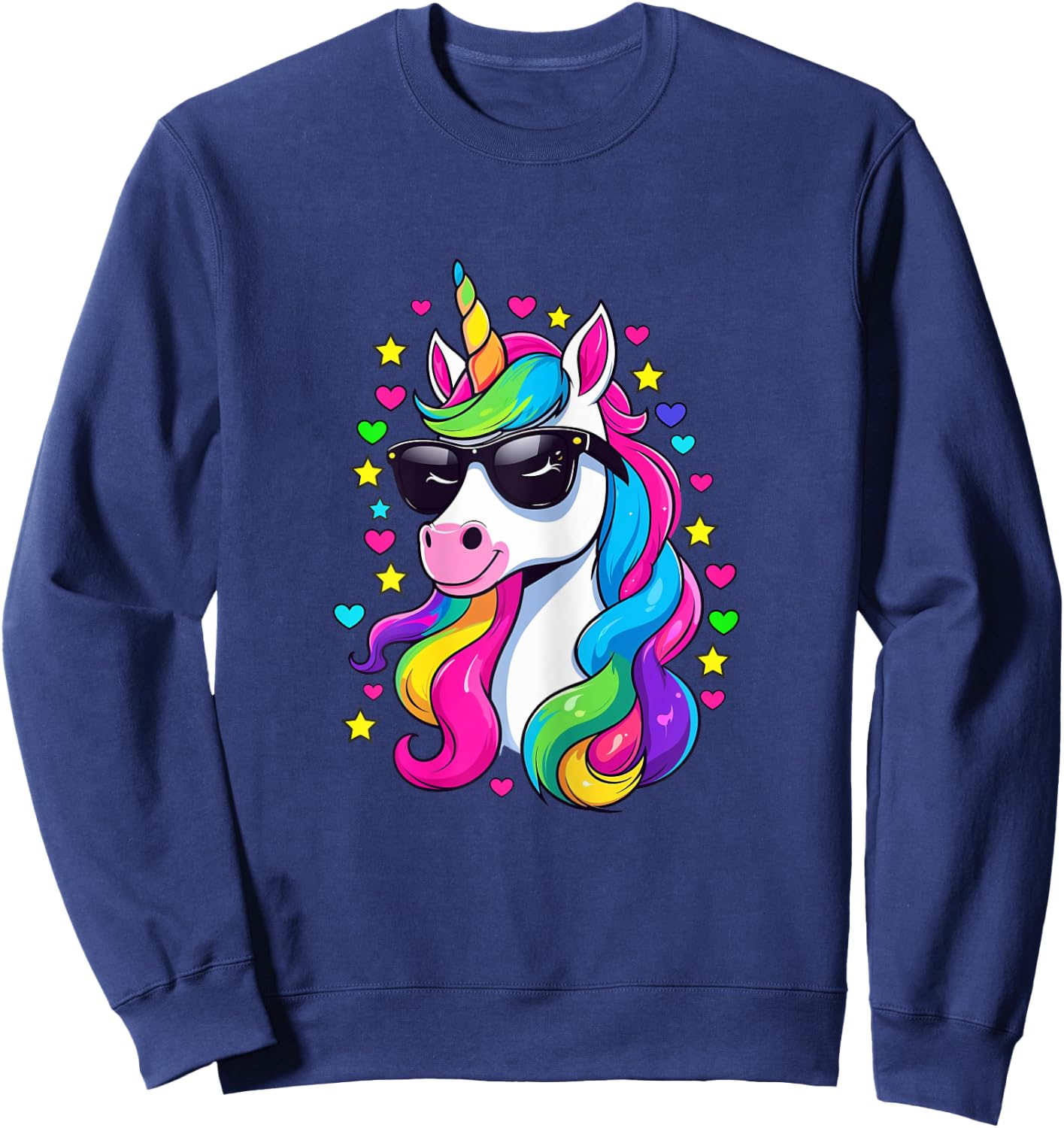 Colorful Unicorn Wearing Sunglasses Hearts and Stars Sweatshirt - Sweatshirt | Navy
