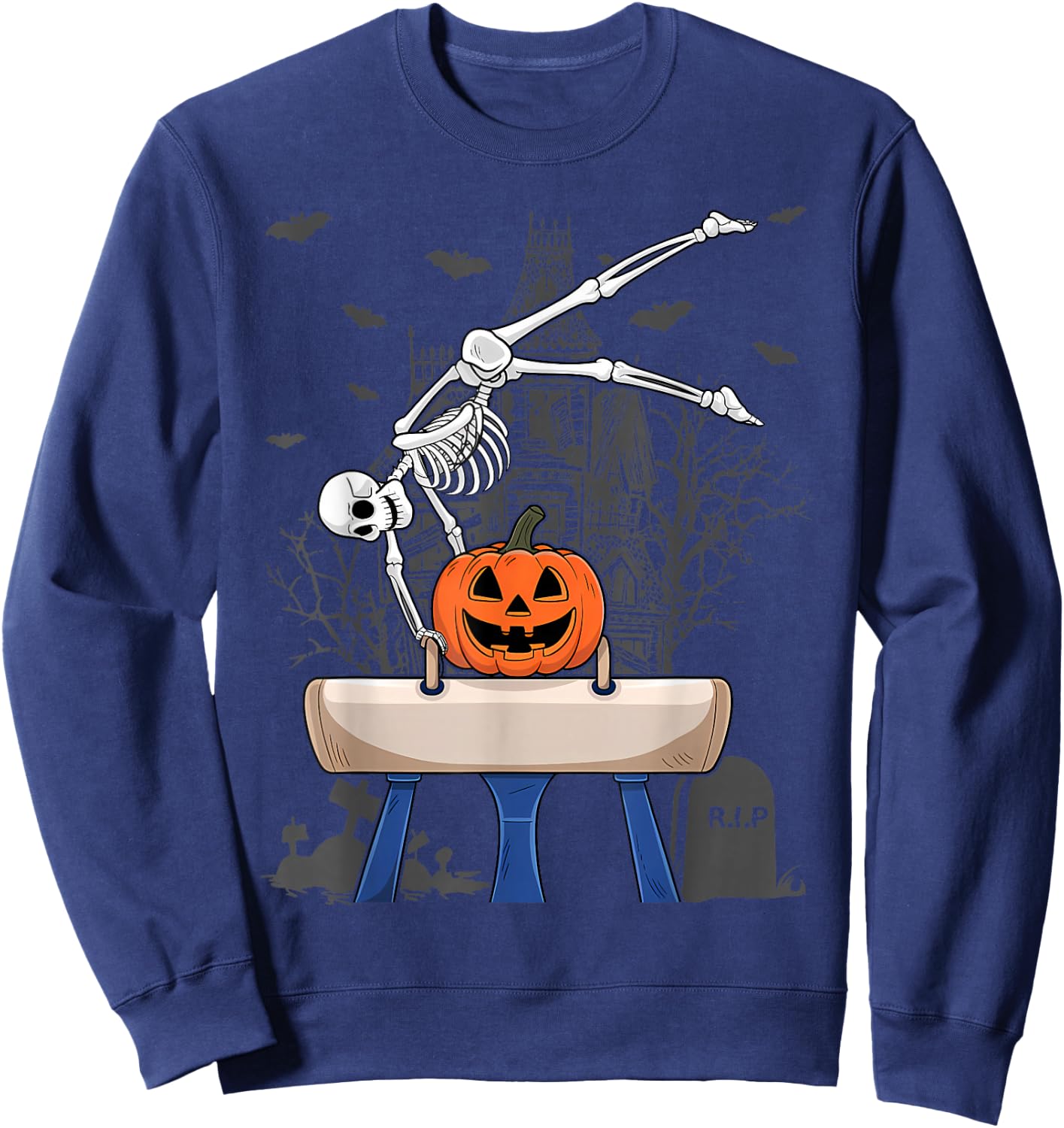 Skeleton Gymnastics Halloween Pumpkin Horizontal Bar Sweatshirt - Sweatshirt | Navy