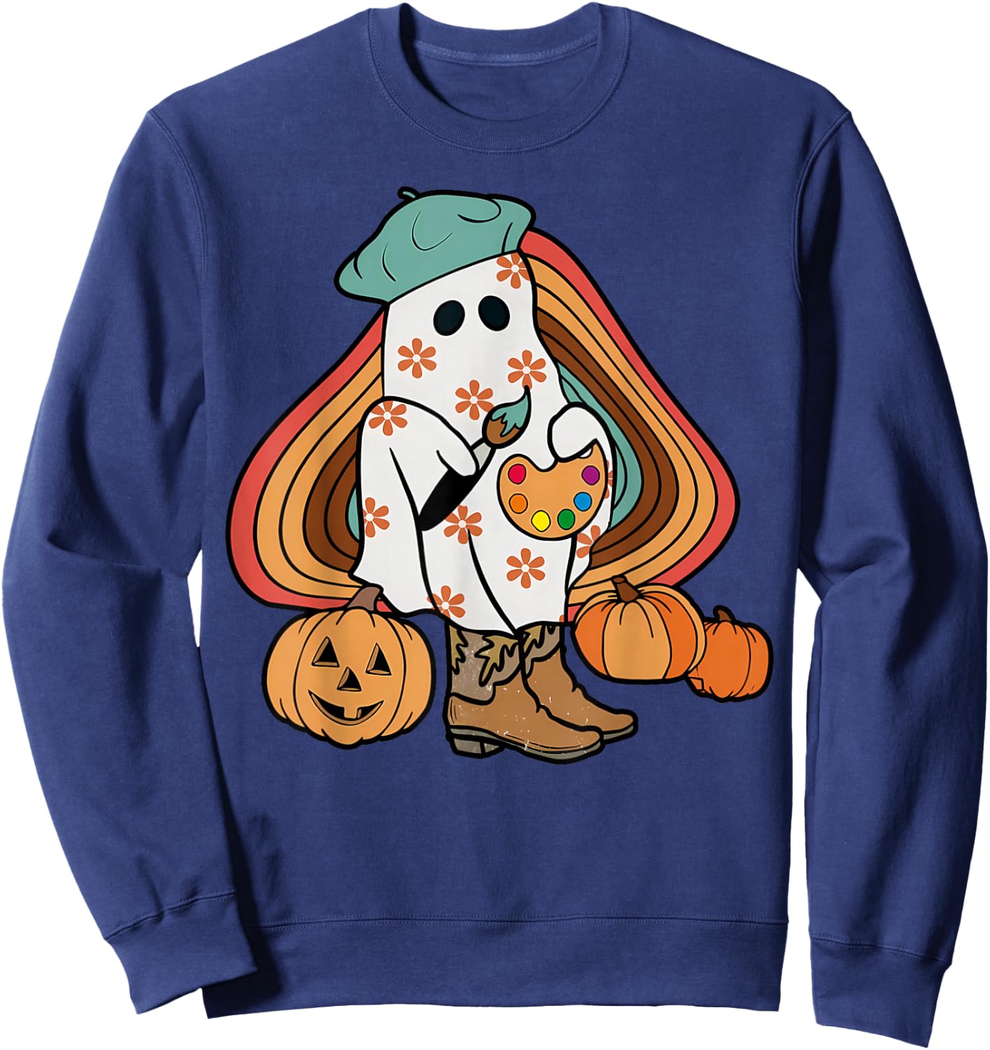 Art Teacher Painting Brushes Retro Pumpkin Ghost Artist Sweatshirt - Sweatshirt | Navy