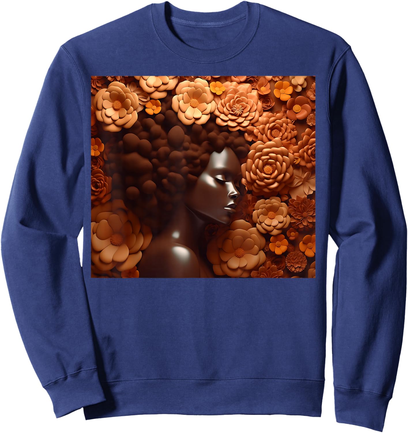Afro Woman Floral Black Queen Puff Art Melanin Magic Orange Sweatshirt - Sweatshirt | Navy