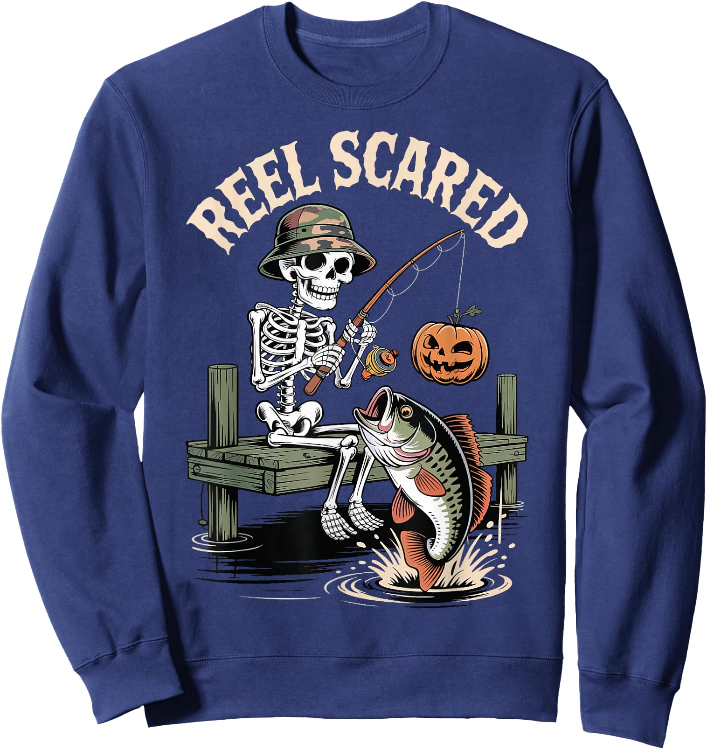 Reel Scared Funny Fishing Halloween Sweatshirt - Sweatshirt | Navy