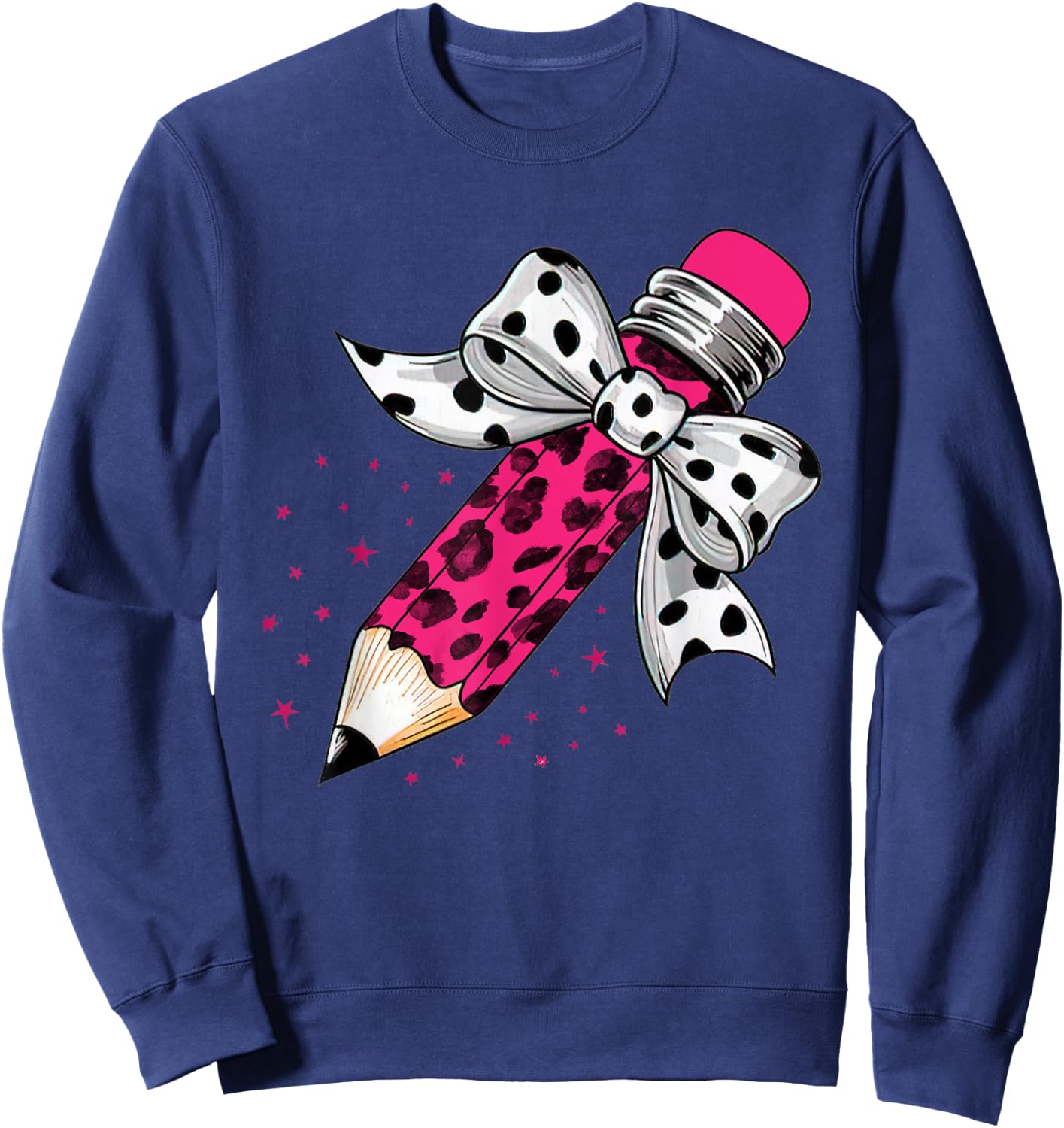 Back To School, Coquette Dalmatian Dots Print Bow Pencil Sweatshirt - Sweatshirt | Navy