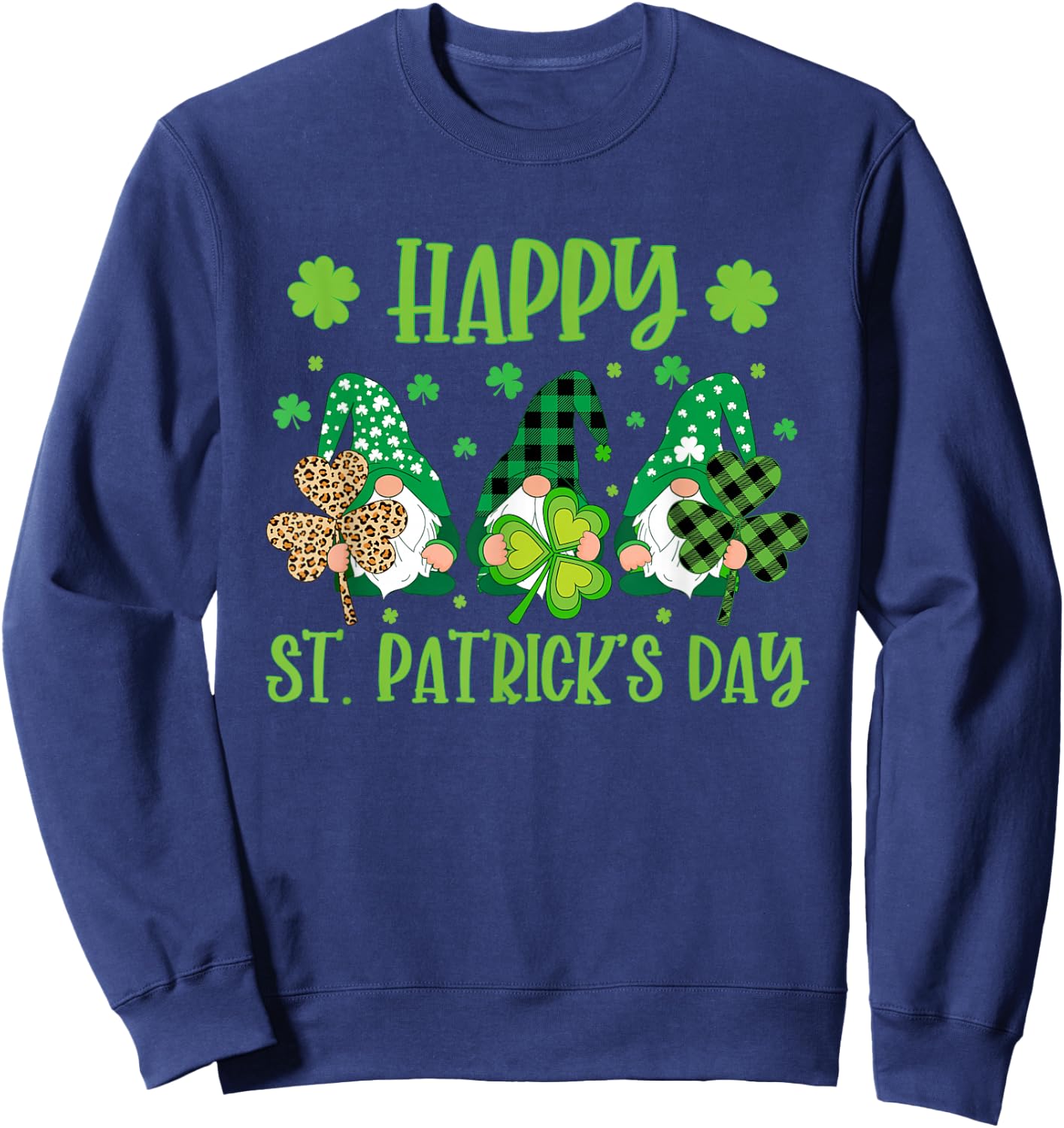 Gnomes Holding Shamrock Green Plaid Leopard St Patrick's Day Sweatshirt - Sweatshirt | Navy
