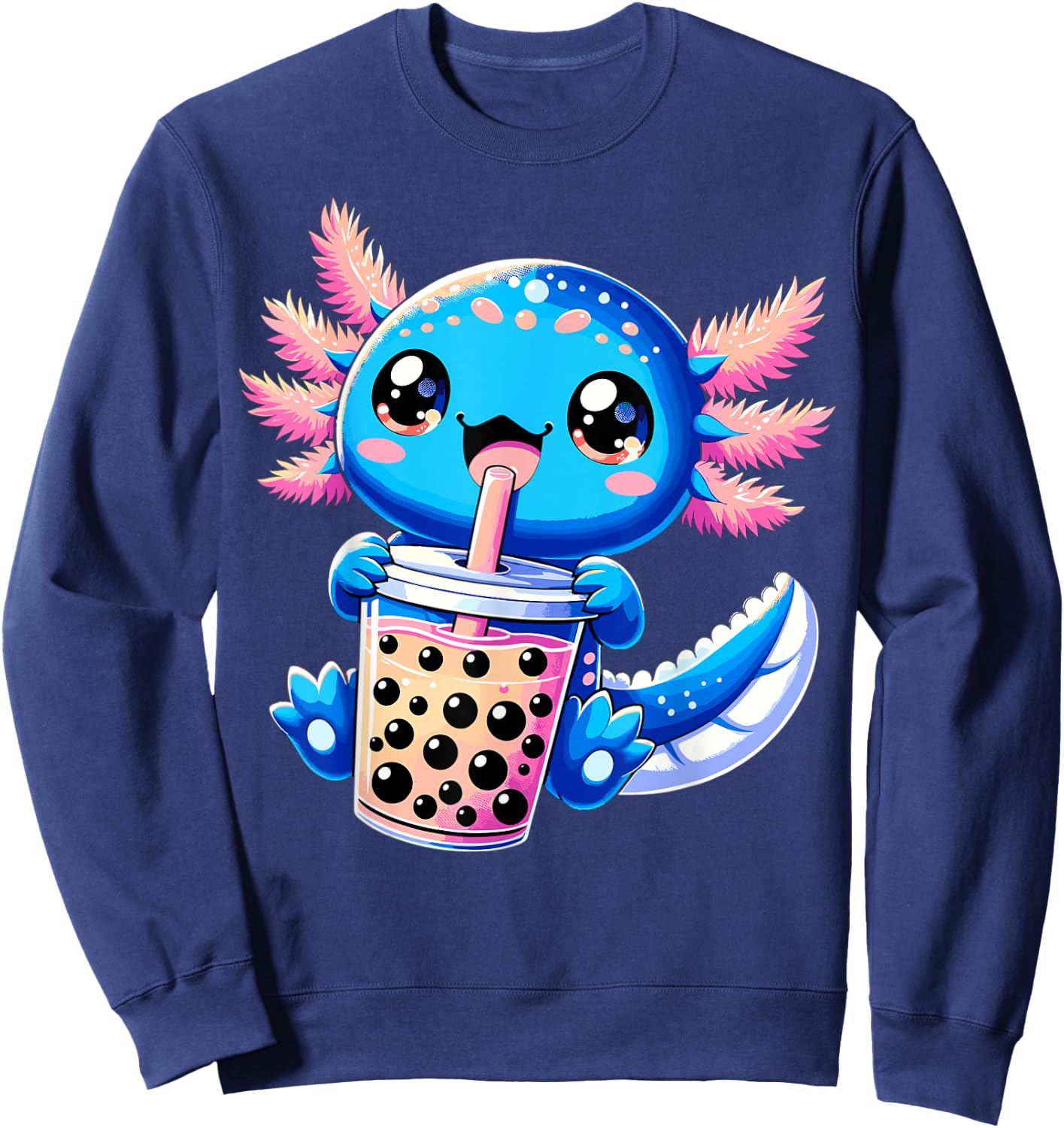 Axolotl Bubble Boba Tea Anime Cute Kawaii Blue Axolotl Sweatshirt - Sweatshirt | Navy