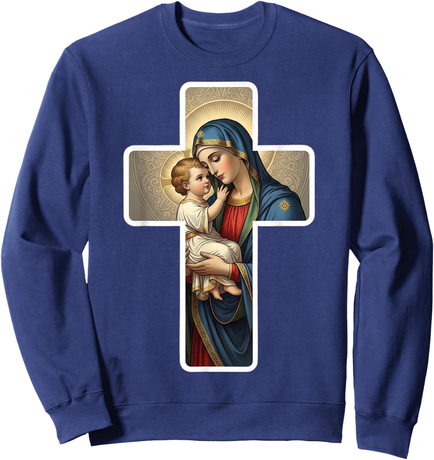 Saint Mary with Baby Jesus Christ Santa Maria Cross Icon Sweatshirt - Sweatshirt | Navy