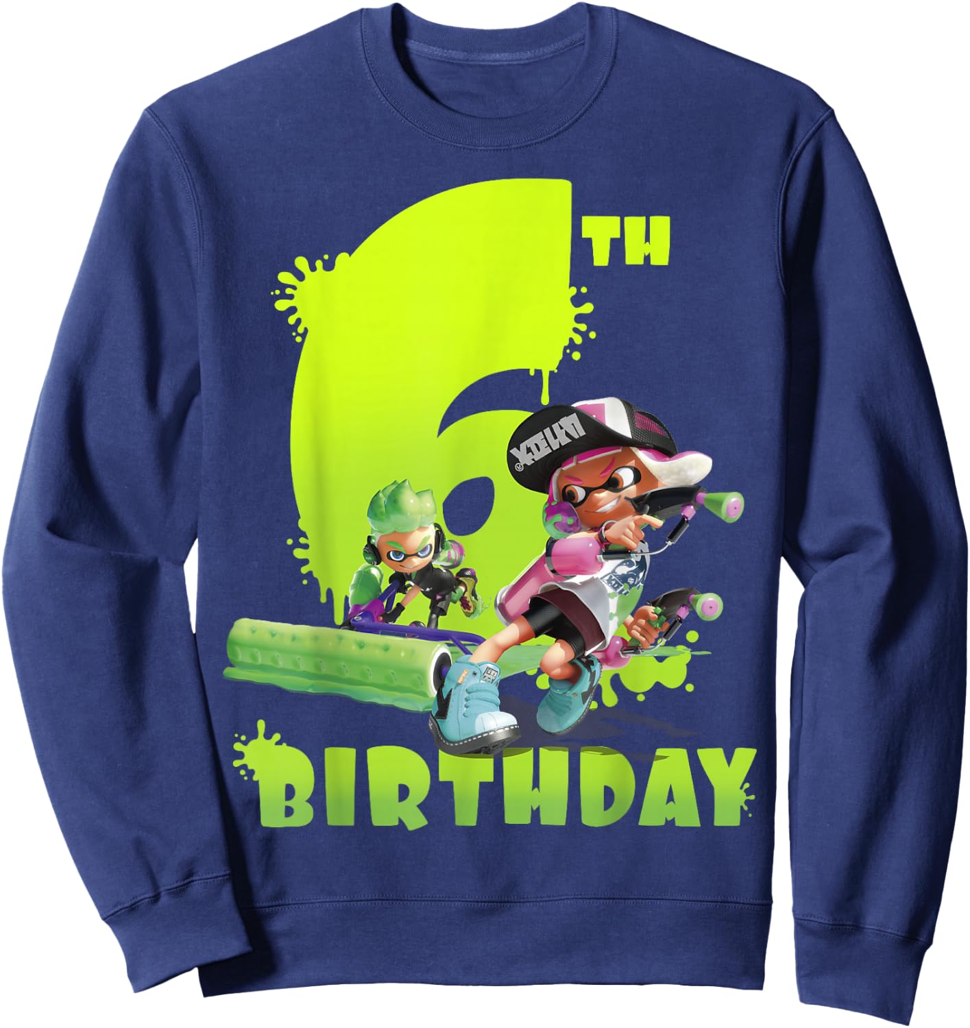 Splatoon Inkling 6th Birthday Green Splatter Portrait Sweatshirt - Sweatshirt | Navy