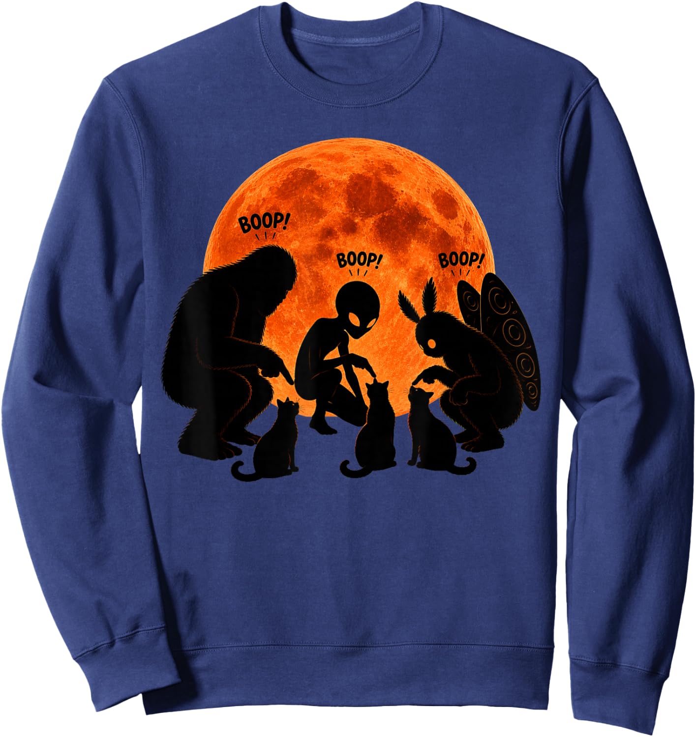 Bigfoot Boop Cat Alien Mothman Cats Full Moon Funny Cryptid Sweatshirt - Sweatshirt | Navy