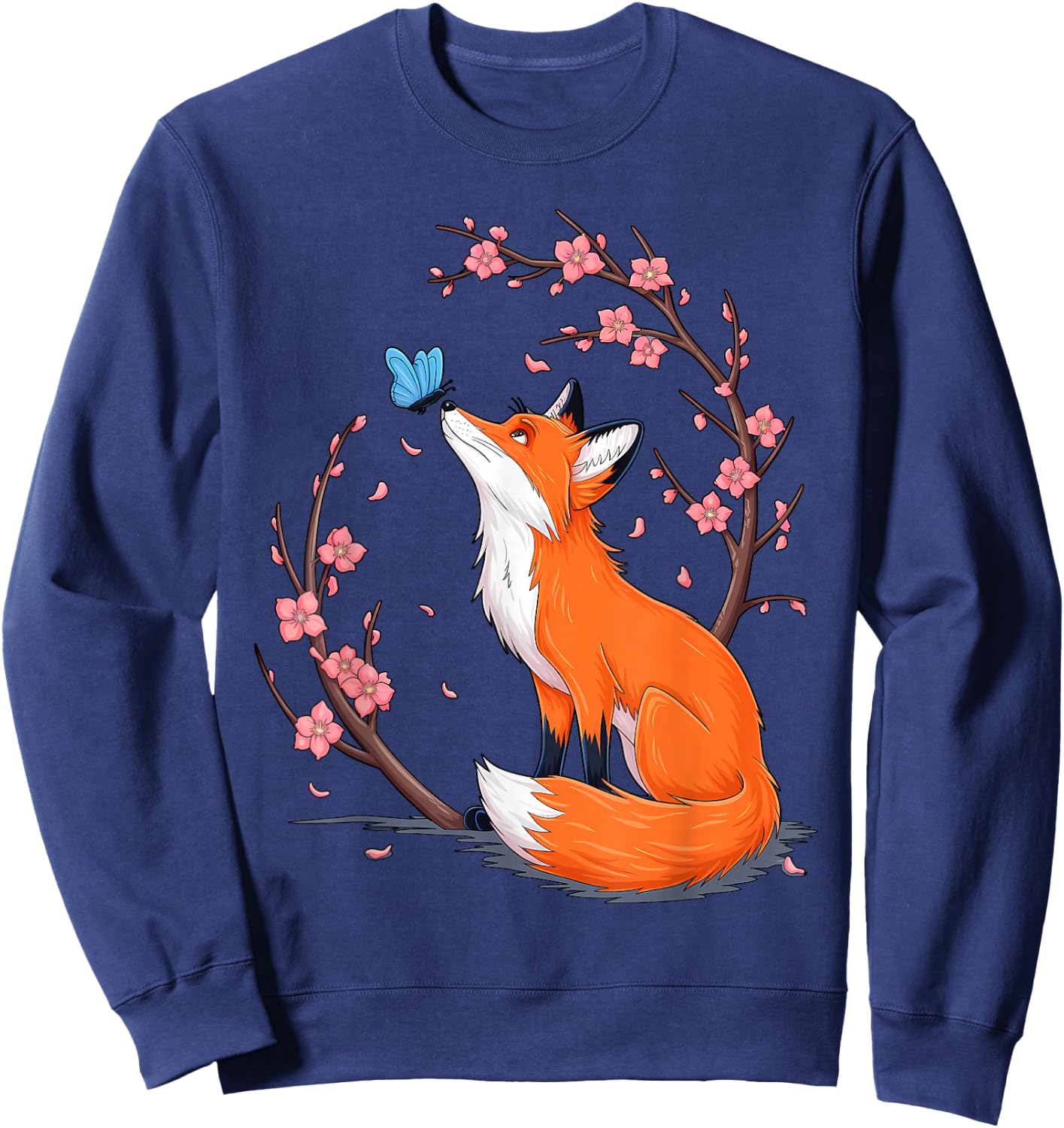 Fox Japanese Cherry Blossom Flower Vintage Sweatshirt - Sweatshirt | Navy