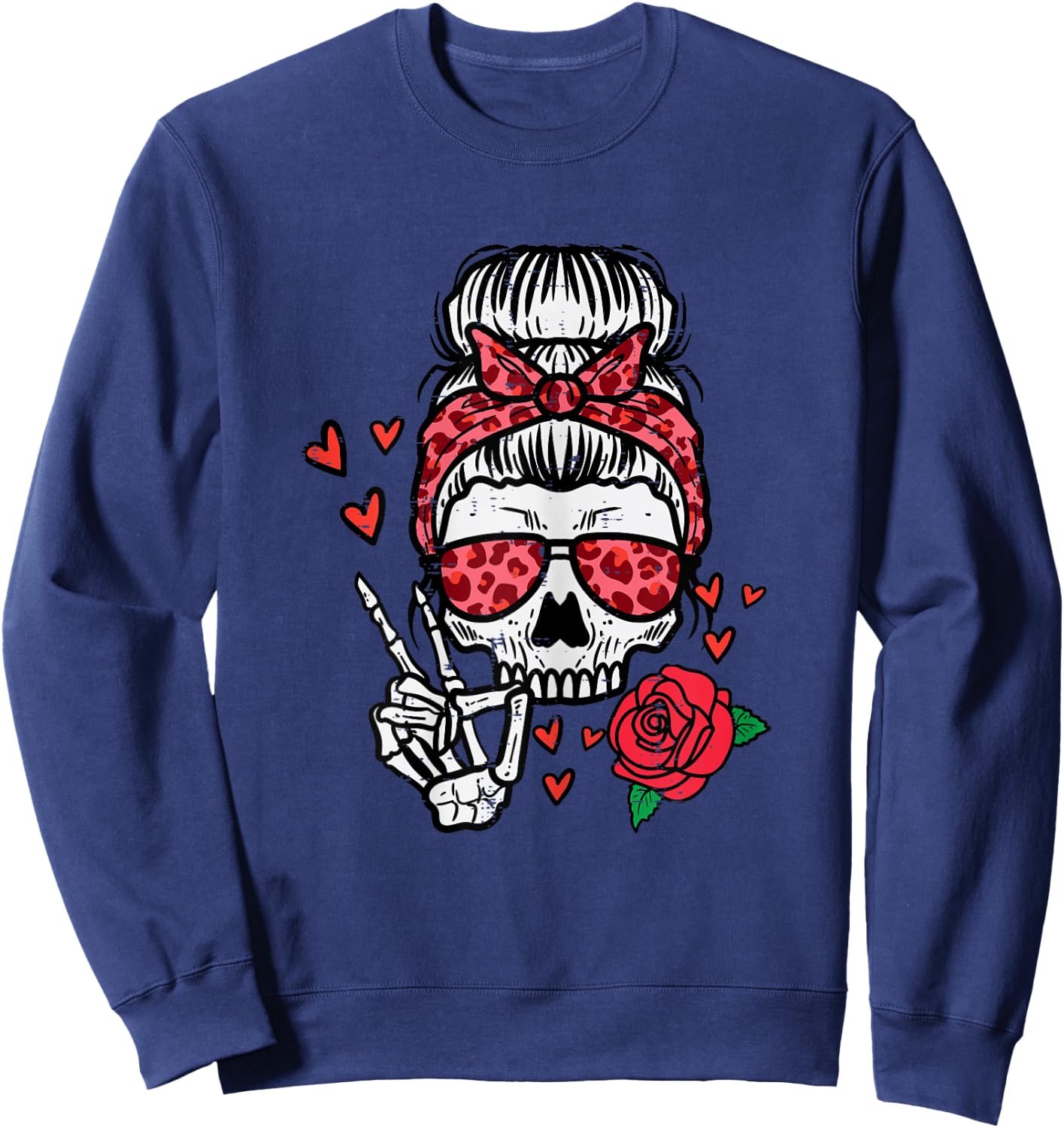 Valentines Skeleton Leopard Messy Bun Peace Funny Women Sweatshirt - Sweatshirt | Navy