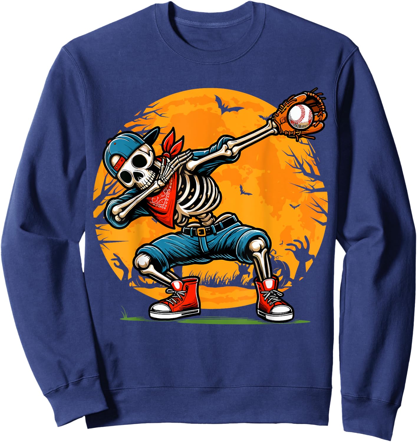 Dabbing Skeleton Baseball Halloween Spooky Baseball Player Sweatshirt - Sweatshirt | Navy