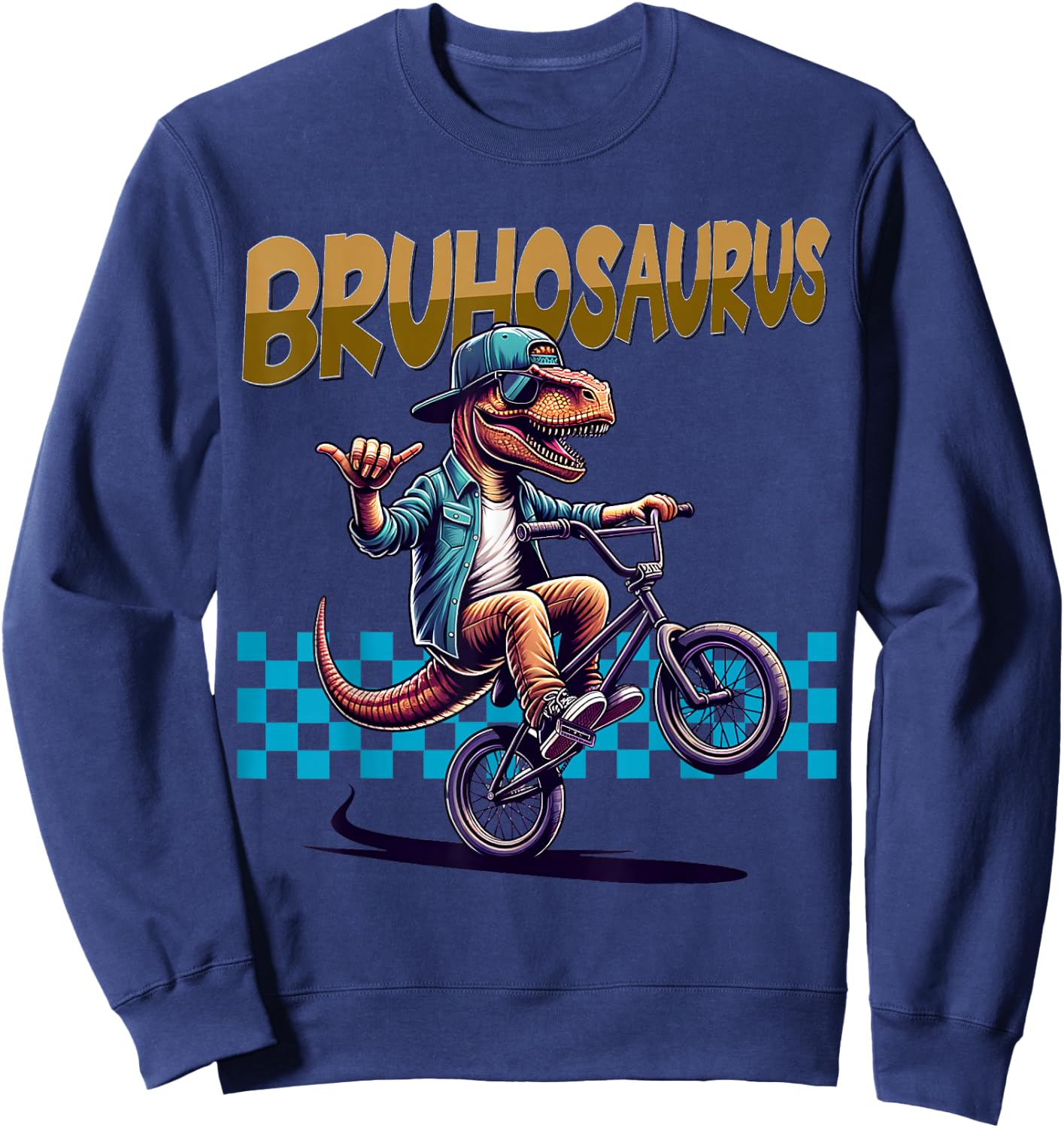 BRUHOSAURUS: T-Rex Dinosaur Riding BMX Bike - Boys Bruh Sweatshirt - Sweatshirt | Navy